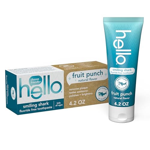 Hello Smiling Shark Fluoride Free Kids Toothpaste, Children's Fluoride Free Toothpaste, Safe for All Ages, Helps Brush Away Plaque and Helps Polish Teeth, SLS Free, Natural Fruit Punch, 4.2 oz Tube