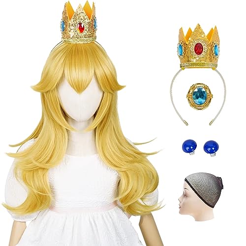 Princess Wig Blonde Wigs for Kids Girls, 22 Inch Long Golden Curly Kids' Cosplay Wave Wig with Crown Headband + Ear Clips + Brooch + Hair Net for Child Toddler Halloween Costume