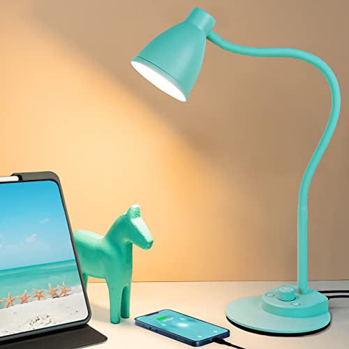 BOHON LED Desk Lamp with USB Charging Port, 3 Color Modes Fully Dimmable Reading Lamp, Auto Dimming Task Lamp, Flexible Gooseneck Table Light for Office Dorm Bedside, Adapter Include, Teal