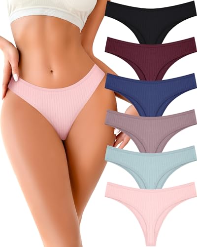 FINETOO 6 Pack Cotton Thongs for Women Breathable Low Rise Bikini Panties Womens Thong Underwear Sexy S-XL