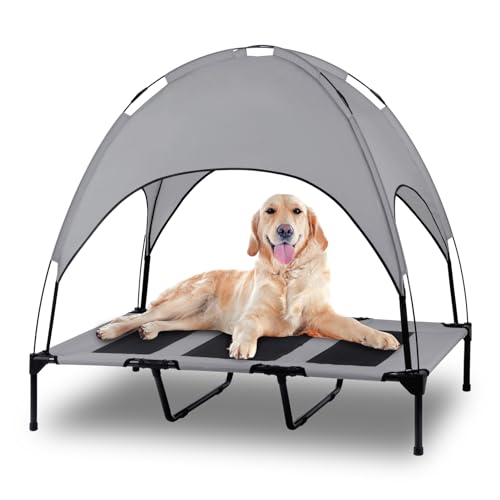 Elavated Outdoor Dog Bed with Canopy, Raised Removable Cover Cooling Dog Beds with Waterpoof Shade Dog Tent Outside Portable Dog Cot for Large Dogs Pet (Dark Grey)