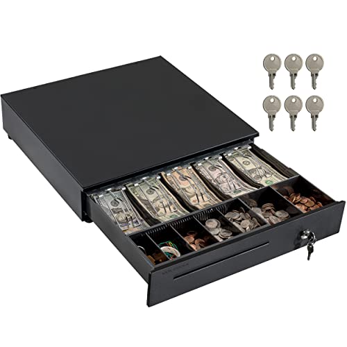 Volcora Cash Register Drawer for Point of Sale (POS) System, 5 Bill/7 Coin, 16' with Adjustable Coin Slots, 24V, RJ11/RJ12 Key-Lock, Media Slot, Black