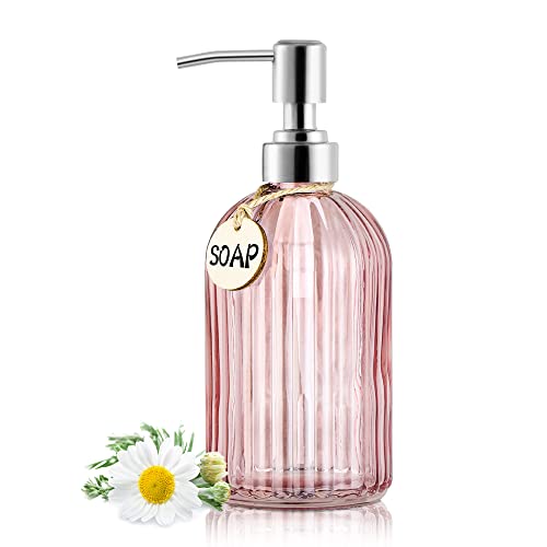 MOCLIF 16OZ Fashion Stripe Clear Glass Refillable Soap Dispenser with 304 Stainless Steel Pump Premium Soap Dispenser， for Kitchen, Bathroom, Hand Sanitizer, Liquid Soap, Lotion, etc. (Clear Pink)