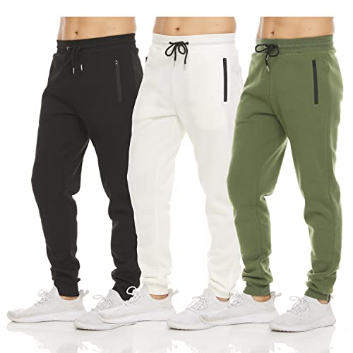 PURE CHAMP Mens 3 Pack Fleece Active Athletic Workout Jogger Sweatpants for Men with Zipper Pocket and Drawstring Size S-3XL(Medium, Set 5)
