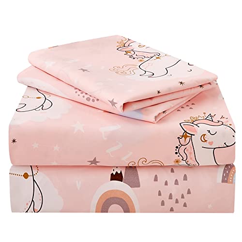 JSD Pink Moon Unicorn Kids Sheet Set Full 4 Piece, Cute Printed Microfiber Bed Sheets for Girls Deep Pocket