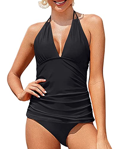 Yonique Womens Two Piece Swimsuits Solid Black Tummy Control Tankini Plus Size Bathing Suit Halter V Neck Swimwear XS