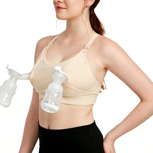 Hands Free Pumping Bra, Comfortable Breast Pump Bra with Pads, Lupantte Adjustable Nursing Bra for Pumping .Fit Most Breast Pumps Like Spectra, Lansinoh, Philips Avent etc. (Large) Skin