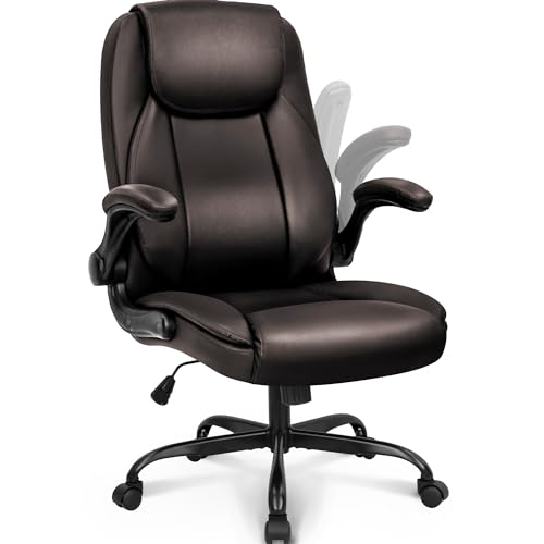 NEO CHAIR Ergonomic Office Chair PU Leather Executive Chair Padded Flip Up Armrest Computer Chair Adjustable Height High Back Lumbar Support Wheels Swivel for Gaming Desk Chair (Brown)