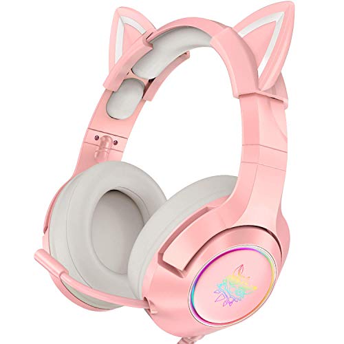 PHNIXGAM Pink Girl Gaming Headset for PS4, PS5, Xbox One(No Adapter), Wired Over-Ear Headphones with Detachable Cat Ears, Noise Cancelling Microphone, RGB Backlight, Surround Sound for PC