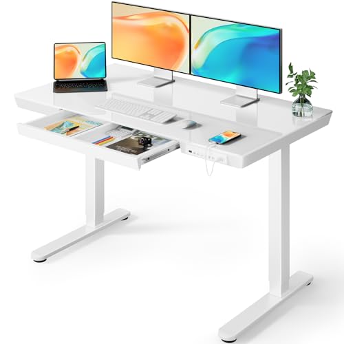 ErGear Glass Standing Desk, 48 x 24 inch Electric Standing Desk with Drawer, Glass Top Standing Desk with Preassembled Top & USB Charging Ports, Adjustable Sit Stand Desk for Home & Office