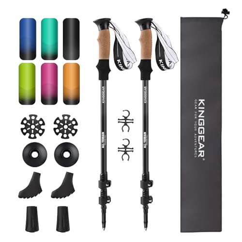 KINGGEAR Walking Stick - Adjustable Hiking Poles, 7075 Aluminum Trekking Poles with Quick Flip Lock, Lightweight Collapsible, Anti-Sweat Cork Grips, All Terrain（Black）