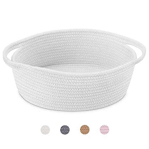 ABenkle Cute Small Woven Basket with Handles, 12'x 8' x 5' Rope Room Shelf Storage Basket Chest Box for Cat and Dog Toys, Empty Decorative Gift - White