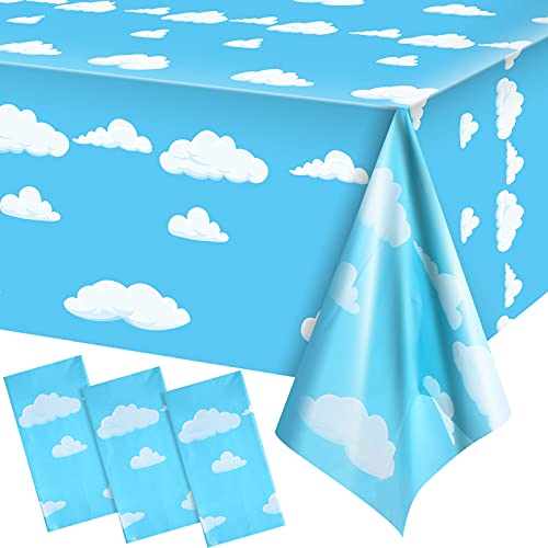 Blue Sky White Clouds Birthday Party Supplies Cartoon Story Tablecloth Party Table Cover Cartoon Table Banner for Baby Kids Shower Birthday Party Decorations, 54 x 108 Inch（3）