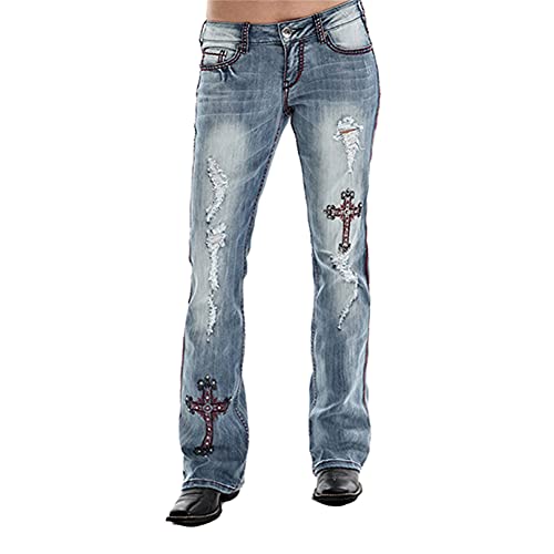 Women's Distressed Denim Jeans, Embroidered Cross Denim Long Pants Bootcut Jeans,Blue,Large