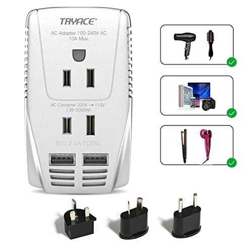 Travel Voltage Converter Step Down 220v to 110v Power Converter for Hair Dryer Straightener Curling Iron, 10A Power Adapter with 2 USB Charging EU/UK/AU/US Worldwide Plug for Laptop, Gray
