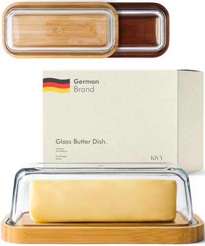 KIVY Glass butter dish with airtight lid that keeps butter soft - For countertop and refrigerator door shelf - Butter tray with lid fridge - Butter holder for counter - Covered butter dishes with lid