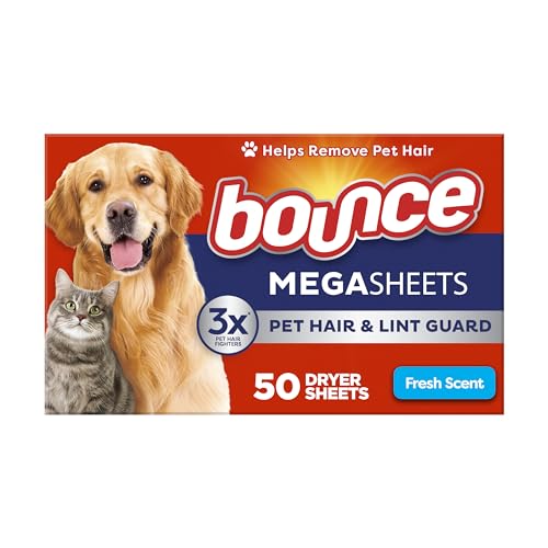 Bounce Pet Hair and Lint Guard Mega Dryer Sheets with 3X Pet Hair Fighters, Fresh Scent, 50 Count