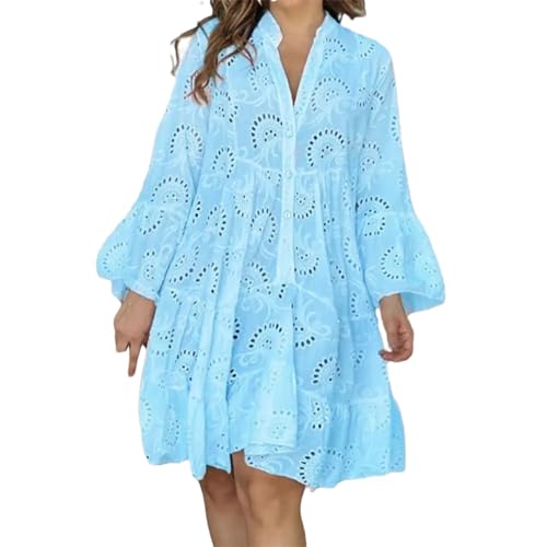 Women's Summer Vintage Lace Dress Women's Loose Elegant Dress Women's Stand Collar Long Sleeve A-Line Dress Blue