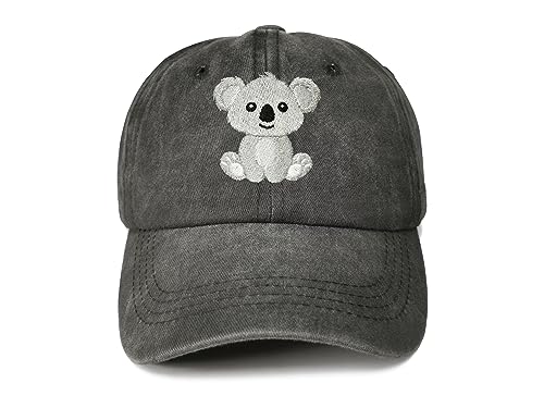 Enodtter Embroidered Koala Baseball Hat for Kids Boy Girl, Washed Black Embroidery Cotton Adjustable Dad Hat for Toddler Child