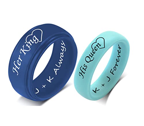 SHNIAN Silicone Rings for Couples 8MM+6MM Her King & His Queen Rubber Matching Silicone Ring Navy Blue & Turquoise with Stackable Comfortable Engagement Gift Wedding Band, Size 4 to 12