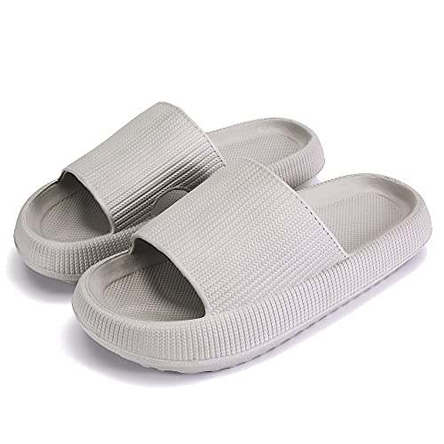 rosyclo Cloud Slides Slippers for Women and Men, Pillow Shower Bathroom Non-Slip Open Toe Super Soft Comfy Home House Cloud Cushion Slide Sandals for Indoor & Outdoor Shoes Size 11 12 13 14 Grey Gray