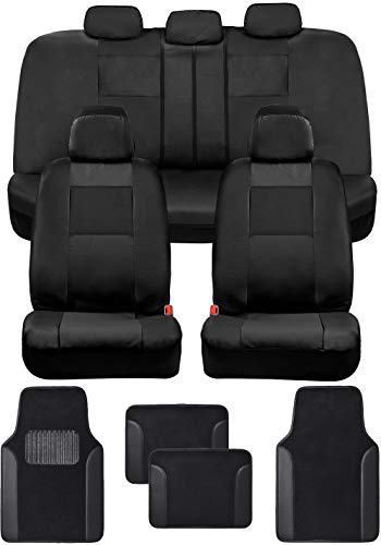 BDK Croc Skin Faux Leather Car Seat Covers Full Set with Carpet Car Floor Mats - Front and Rear Bench Seat Covers with Carpet Floor Liners, Car Interior Covers Gift Set (Black)