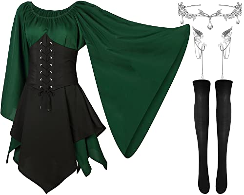4 Pcs Women Elf Costume Renaissance Traditional Irish Dress Fairy Costume Elf Ear Cuffs for Women Halloween Cosplay Party (Green, Black, 2X-Large)