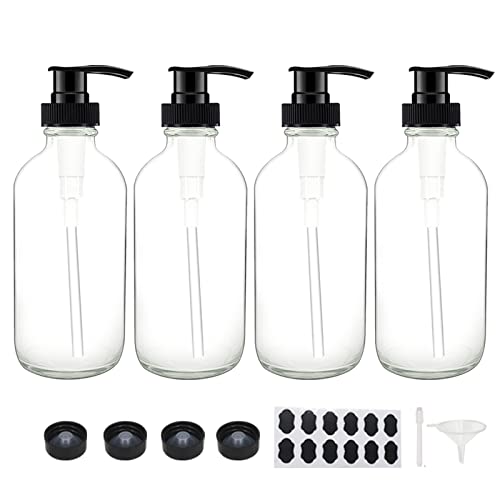 BPFY 4 Pack 8 oz Clear Glass Pump Bottles, Boston Round Bottles with Pumps for Lotion, Soap, Lotions, Hand Cleaner, Massage Oils, Refillable Containers with Cap, Funnel, 12 Chalk Labels, 1 Pen