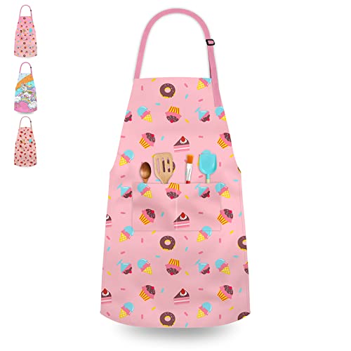 DEABOLAR Kids Aprons for Girls Toddler Donut Aprons with Pockets for Kids Cooking Baking Painting Crafting Art Gardening Adjustable, Machine Washable