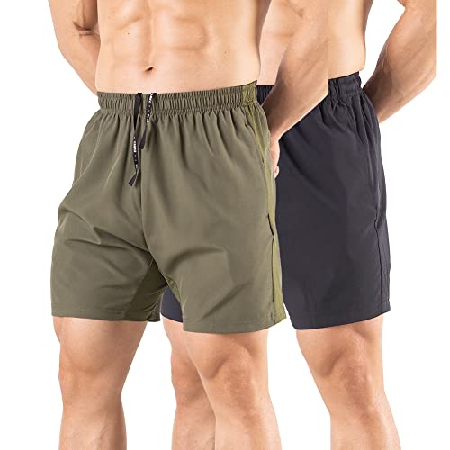 Gaglg Men's 5' Running Shorts 2 Pack Quick Dry Athletic Workout Gym Shorts with Zipper Pockets Black/Green,Large