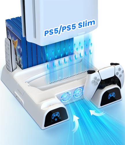 PS5 Slim Stand with 2 Cooling Fan, Dual Fast PS5 Controller Charging Station with Games Storage, PS5 Cooling Station PS5 Accessories Vertical Stand for PS5 Slim/Playstation 5 Disc & Digital Editions