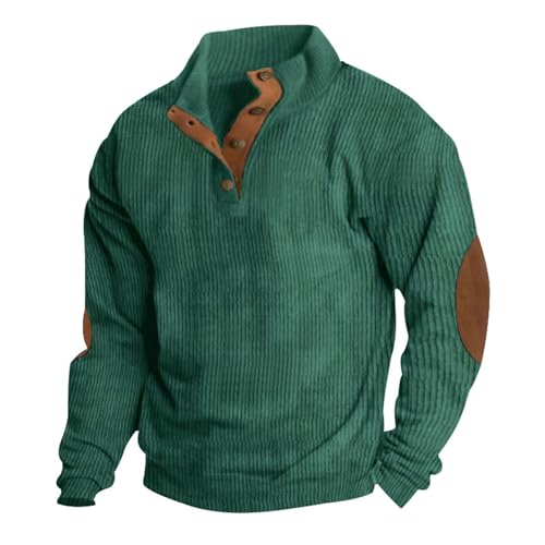 Sweaters for Men Casual Solid Color Long Sleeve Sweat Shirts Plus Size Stand Collar Button Patchwork Hoodless Pullover Sweater Thin Hiking Clothing Athletic Clothes(Corduroy-01Green,XL)