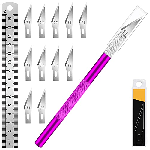 DIYSELF 1 Pcs Craft Hobby Knife Exacto Knife with 11 Pcs Stainless Steel Blade Kit, 1pcs Steel 15CM Ruler for Art, Scrapbooking, Stencil (Purple)