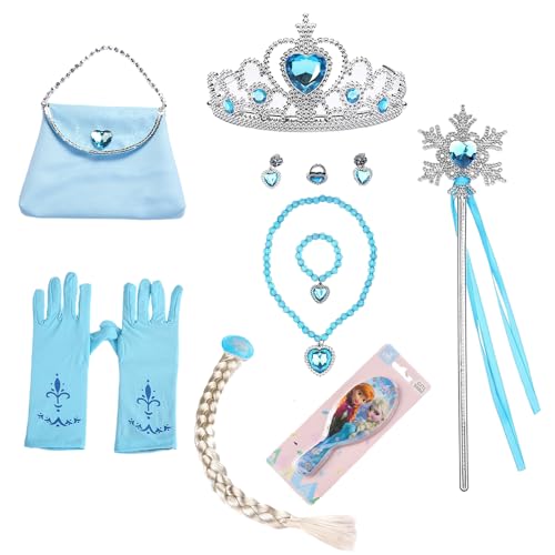 egjxal 10-Pack Elsa Princess Accessories Girls Dress Up Party Set - Princess Gloves Crown Frozen Braid Wand Necklace Earrings Bracelet Ring and Comb Gift Set Princess Accessories.