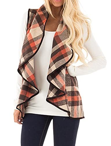 YACUN Women Vest Lapel Open Front Buffalo Plaid Sleeveless Cardigan Jacket Coat with Pockets Coffee XXL