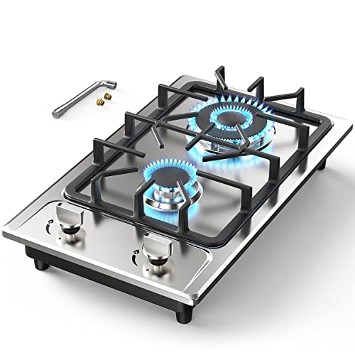Gas Stove Gas Cooktop 2 Burners 12 Inch,ANHANE Portable Stainless Steel Built-in Gas Hob, LPG/NG Dual Fuel Easy to Clean for RVs, Apartments, Outdoor