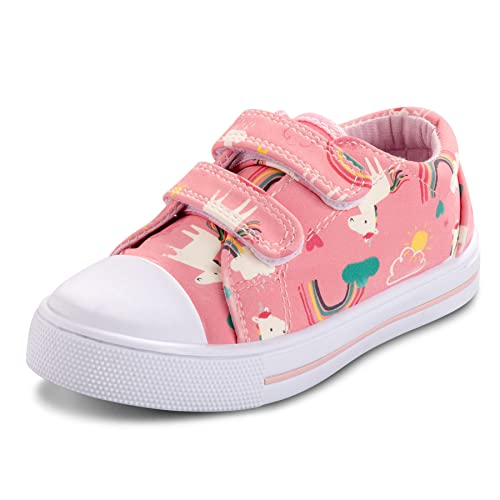 K KomForme Toddler Sneakers for Boys and Girls Cartoon Dual Hook and Loops Sneakers Baby Canvas Shoes, Size 9 Toddler, Pink Rainbow