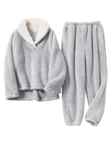 Gihuo Women' s Fluffy Pajamas Set Fleece Pullover Pants Loose Plush Sleepwear 2 Piece Pjs Set Warm Loungewear Fuzzy(LightGrey-M)