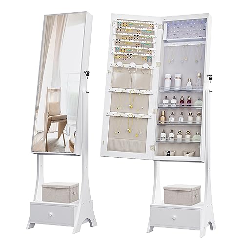 Hzuaneri 8 LEDs Jewelry Cabinet Armoire, 42.5' Tall Frameless Mirror Jewelry Holder Organizer, Freestanding Makeup Jewelry Storage with 1 Drawer, 5 Shelves, White and Beige JC14803BE