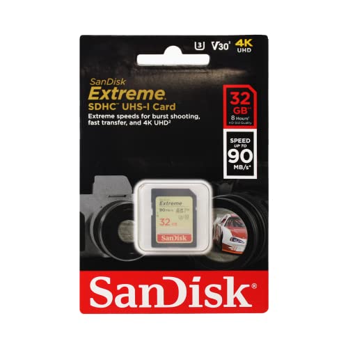 SanDisk 32GB Extreme SDHC UHS-I Memory Card - 90MB/s, C10, U3, V30, 4K UHD, SD Card - SDSDXVE-032G-GNCIN