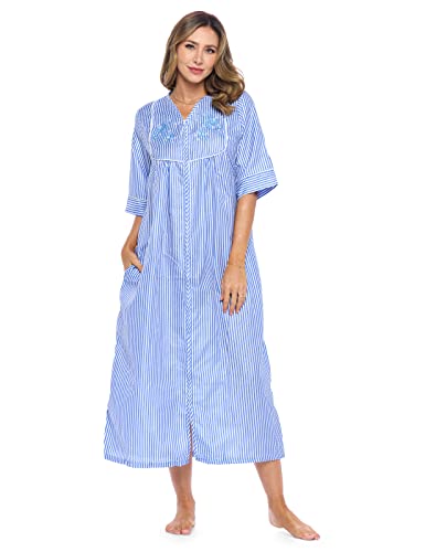 Casual Nights Women's Zip Front Seersucker House Dress 3/4 Sleeves Housecoat Long Duster Lounger - Blue/White Stripe - XX-Large