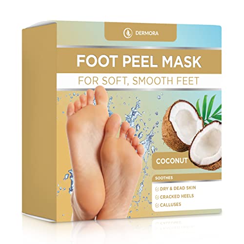 DERMORA Exfoliating Foot Peel Mask for baby soft feet, Dry, Cracked, Callus, Dead Skin Remover Coconut Scent, 2 Pack of Regular Size