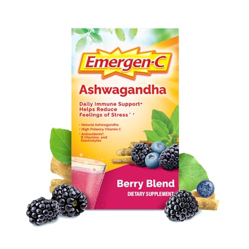 Emergen-C Vitamin C Ashwagandha Drink Mix, Dietary Supplement for Immune Support, Berry Blend - 18 Count