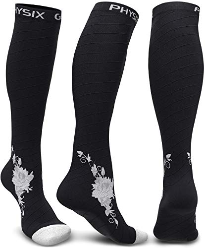 Physix Gear Compression Socks 20-30 mmHg - Men & Women - Running, Nurses, Shin Splints, Flight, Travel (BLACK / GREY FLOWER-L/XL)