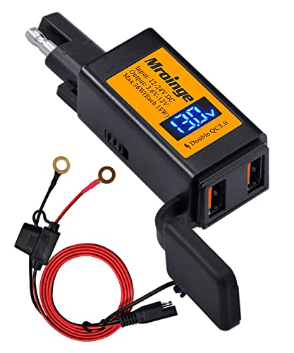 Motorcycle USB Charger, Mroinge 6.8A SAE to USB Adapter Dual Port QC3.0/2.0 Fast Charge, with Voltmeter/Ammeter & ON/Off Switch & 10A Fuse, Perfect for Your Phone or Smart Device Charging