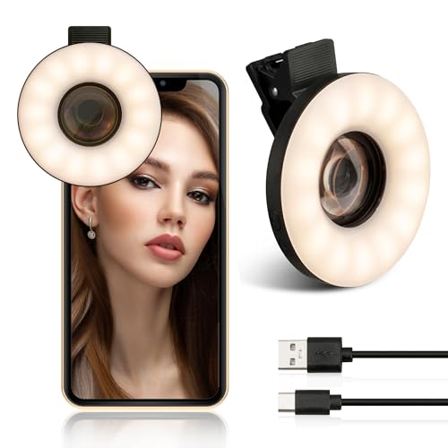 37mm Macro Lens for iPhone and Android with Mini Clip Ring Light, Portable Rechargeable Dimming, for Smart Phone Photography, Camera Video Recording, VLOG