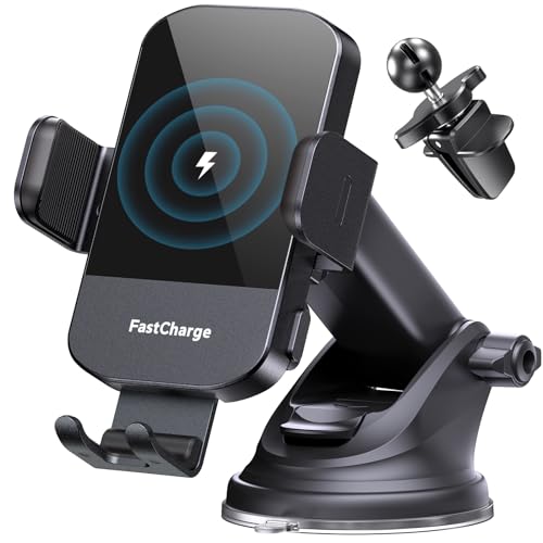 CHGeek Wireless Car Charger, 15W Fast Charging Auto Clamping Car Charger Phone Mount Phone Holder fit for iPhone 15 14 13 12 11 Pro Max Xs, Samsung Galaxy S24 Ultra S23 S22 S21, S20, S10+, Black