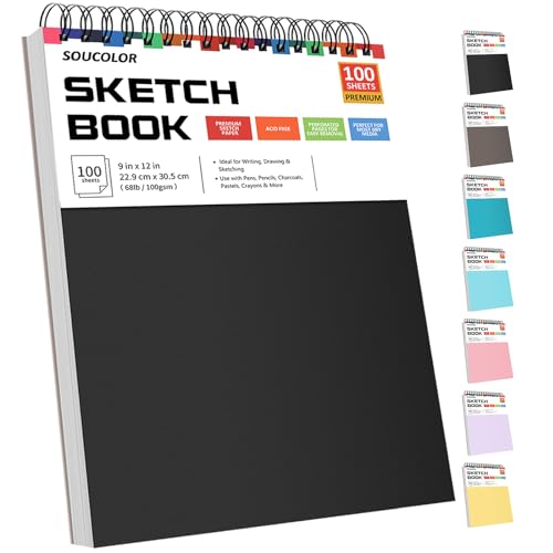 Soucolor 9' x 12' Sketch Book, 1-Pack 100 Sheets Spiral Bound Art Sketchbook, Acid Free (68lb/100gsm) Artist Drawing Book Paper Painting Sketching Pad