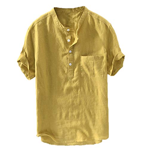 Holzkary Men's Fashion Linen Henry Collar Short Sleeve/Long Sleeve Shirt Tops（M.Yellow