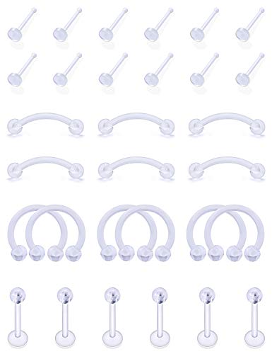 Jenxnjsjo Body Piercing Retainers BioFlex Ear Cartilage Rook Daith Nose Septum Lip Labret Eyebrow Retainers 16g Clear Flexible Bio-Plastic Studs Rings Earrings Horseshoe Piercing Retainer for Work